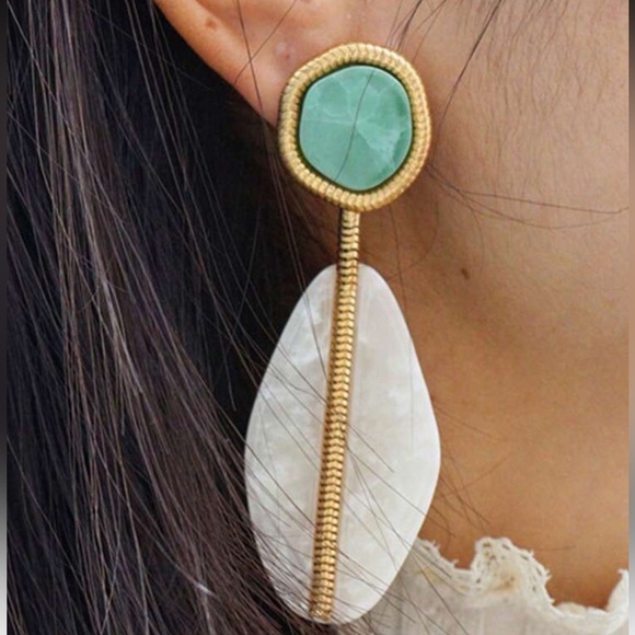 Zara  Green Stone & Ivory Drop Earrings - Picture 2 of 4